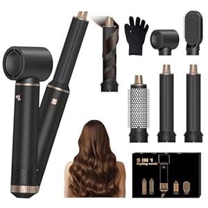 Kitgody 5 in 1 Airstyler Warmluftbürste Set mit Automatischem Lockenstab & Rundbürstenföhn - MULTIFUNKTION Hairstyler für Volumen, Locken, Glätten, Trockenes Haar (EU Stecker)