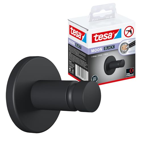 tesa® MOON BLACK Perchero para Toallas - Colgador de Toallas para Baños de Estilo Industrial o Moderno - Autoadhesivo, Sin Taladro - 37 mm x 37 mm x 36 mm - Negro Mate