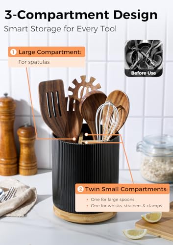 Image of LoeJan 3 Compartment Utensil Holder, Extra Large Utensil Crock, Stable Ceramic Utensil Organizer, Cooking Tool Organizer Set for Kitchen Counter Farmhouse Decor (B-Black(Vertical Stripe))