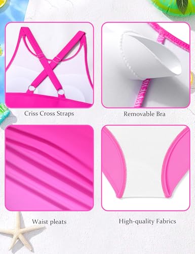 Image of CRISONE Girls Swimsuit High Neck Girls Bathing Suit Cross Back Ruched Gradien One Piece Girl Swimwear 9-16Y