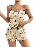 Ekouaer Womens Pyjamas Set Short Loungewear Sets Sleeveless Ruffle Camisole Printed Sleepwear Adjustable Straps Pjs, Pale yellow, XL