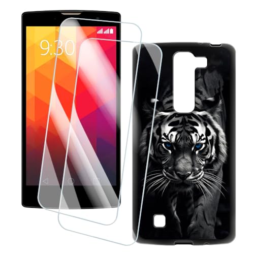 OAGELIM 2 Pack Screen Protector + Case Compatible with LG G4 Mini (5 inch) Case Artistic Cover and Tempered Glass Film Anti-Scratch (Tiger)