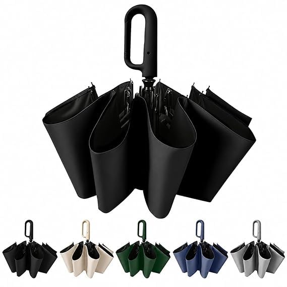 Image of Auto Open Umbrella with Carabiner Hook Handle - 3 Fold Compact Travel Umbrella for Men & Women | Double Fibreglass Wind Resistant Frame | UV Coated Sun & Rain Protection