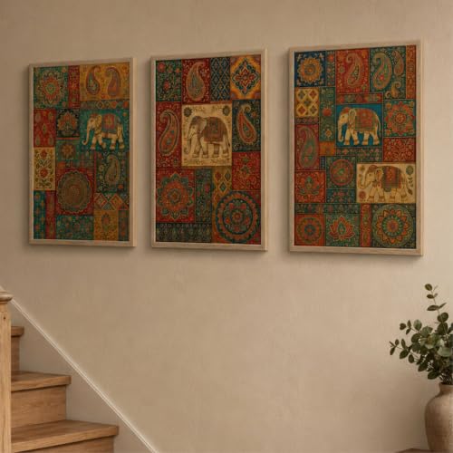 Image of Livin'luxe Set of 3 Rajasthani Elephant Patchwork Wall Paintings for Living Room Bedroom Home Decor with Premium Wooden Color Synthetic Frame (13.5 x 19.5 Inch) NM03-63