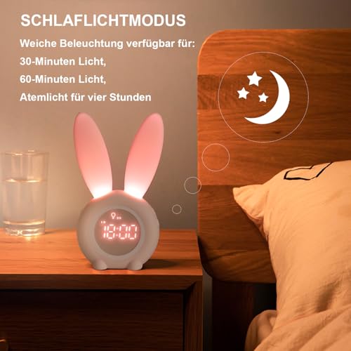 Baby Kinderwecker Mädchen Lichtwecker Hasenwecker Hasen Wecker Kinder mädchen Rabbit Alarm Clock Wake Up mit Schlummerfunktion,6 Laute Geräusche, zeitgesteuertes Nachtlicht Geschenk kawaii deko