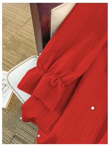 Image of WDIRARA Women's Plus Size Pearl Beaded Tie Neck Long Sleeve Casual Work Short Dress