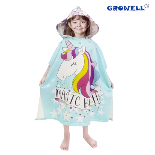 Image of growell Hooded Kids Beach Towels - Toddler Bath Towel Girls Boys Swim Cover-ups for Ages 1 to 6 Kids Pool Towels Quick Dry Lightweight Soft Microfiber Poncho Towel 24x23 (Unicorn Aqua)