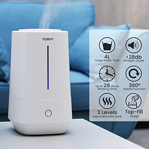 TOSOT Cool Mist Humidifier, Top Fill 4L/1.1 Gallon Tank, Diffuser Humidifier for Bedroom, White