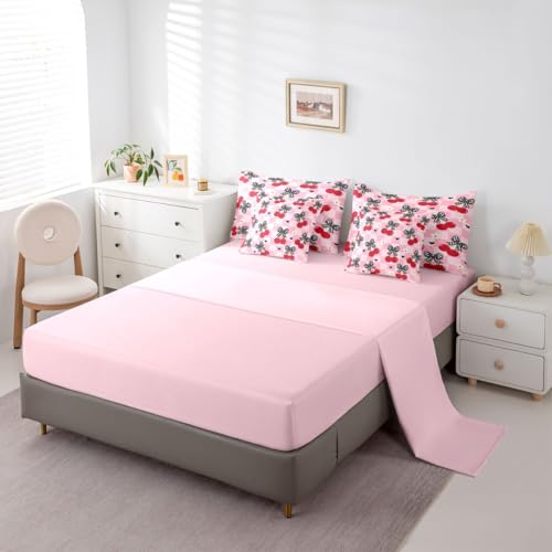 Image of 7 Pcs Bow Cherry Queen Bedding Sets Pink Plaid Cartoon Daisy Hearts Comforter Set Red Cherry Fruit Girly Dreamy All Season Comforter Flat Sheet Fitted Sheet 2 Pillowcases 2 Throw Pillow Covers