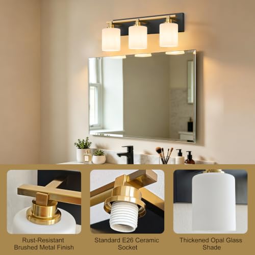 Image of Modern Bathroom Lighting Fixtures Over Mirror, Vanity Lights for Bathroom, Wall Sconces with Milky White Glass Shades, E26 Ceramic Socket, 3-Light 20-inch Black and Gold