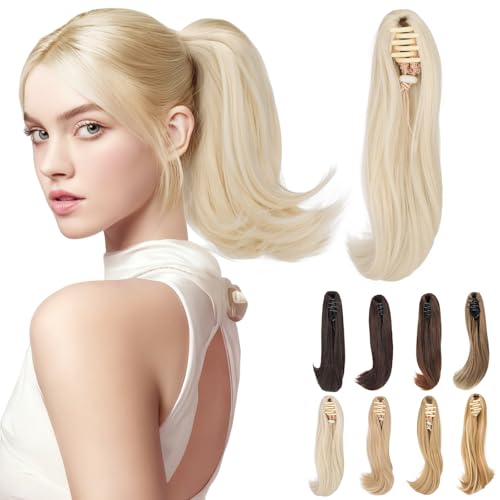 Elailite Postiche Queue de Cheval Pince Extension Rajout Cheveux Raides Claw Ponytail Blond Platine​ Pointes Ondulées 30cm 80g