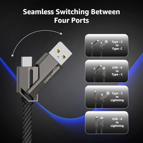 Image of amazon basics 4 in 1 Metal Flat Braided Indestructible Cable 110cm 60W with lightning to type C, type C to C, Lighting to type A compatible for iPhones, iPads, Macbooks, Type C Laptops (Grey)