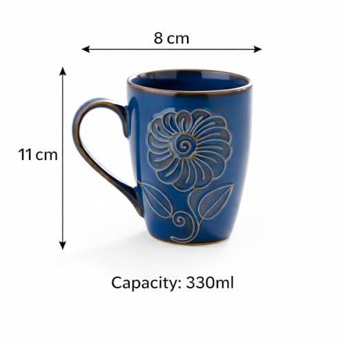 Image of KITTENS Handcrafted Blue Floral Ceramic Coffee Mugs Set of 4 - 330 ml Studio Finish Tea & Coffee Cups, Microwave & Dishwasher Safe - Premium Gift for Housewarming & Special Occasions