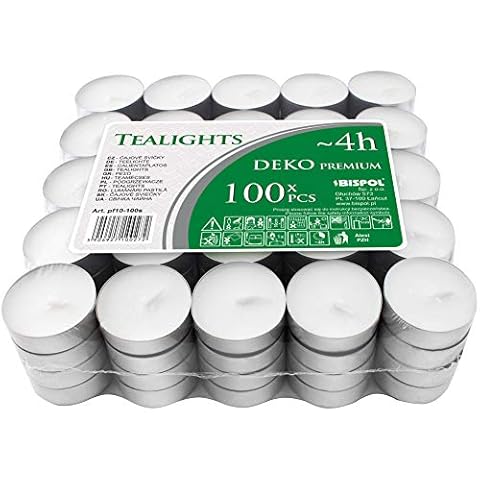 100 Bispol Tea Lights, White, 4 Hour Burn Time, Unscented Cover