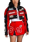 Tinodu 2 Piece Outfits for Women Long Sleeve Crop Jacket Bodycon Mini Skirt Set Casual Lightweight Baseball Jacket Streetwear S Red