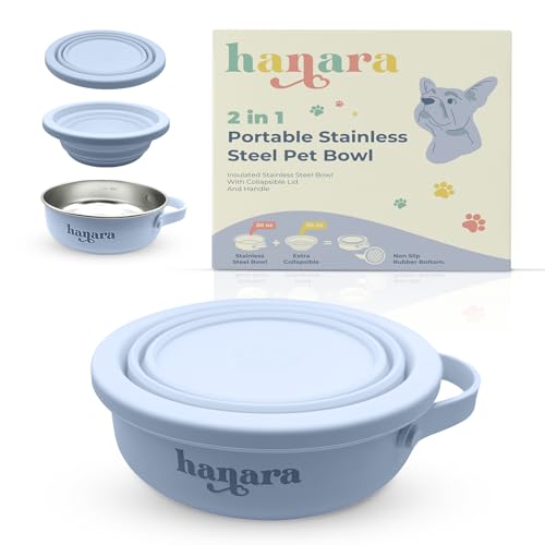 HANARA 2-in-1 Insulated Dog Bowl with Collapsible Lid & Handle – Stainless Steel, Non-Slip Rubber Base – Portable Pet Water & Food Bowl for Dogs & Cats – 30 OZ + 20 OZ – Indoor & Outdoor (Blue)