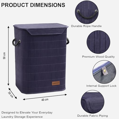 Image of Luxe Home Laundry Basket for Clothes, Premium Bamboo Big Storage Bag with Lid and Side Handle Multipurpose Used In Laundry Rooms, Bedrooms, Bathrooms (40x30x50 cm, Navy)