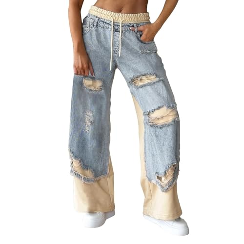 Women's Denim Trousers with Stitching and Ripped Design Baggy Jeans Wide Leg High Waisted Patchwork Jeans Denim Pants2