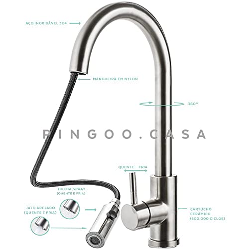 Pingoo.Casa, Torneira para Cozinha, Misturador Monocomando, Produzida Em Aço Inox 304, Acabamento Es