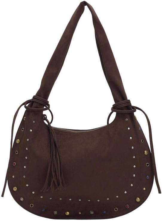 URBAN REVIVO Women's Suede Half-Moon Shoulder Bag – Studded Tassel Crossbody Purse, Boho Vintage Handbag for Music Festivals, Spring Outings