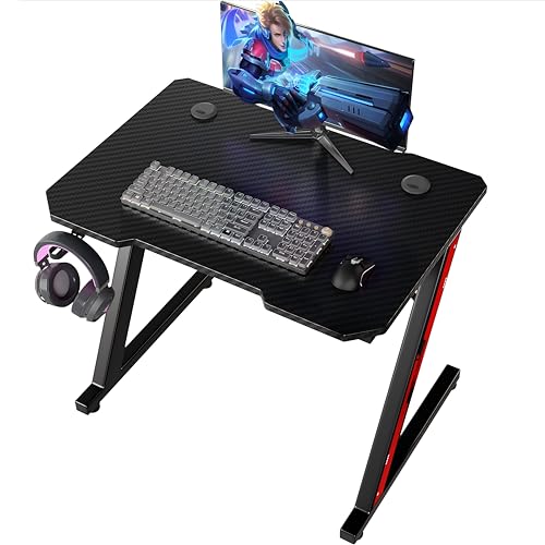 Homall Gaming Tisch 80 x 52 cm, Z-Frame Gamer Schreibtisch mit Kopfhörerhaken & Getränkehalter, Kohlebeschichtung Ergonomischer PC Computertisch, Stabiler Tisch