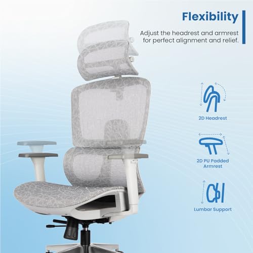 Image of Vergo Breathe Korean Mesh Office Chair High Back, Lumbar Support, Adjustable Armrest, Seat Slider, Tilt Lock Mechanism, Aluminum Base, Ergonomic Work from Home, Desk Chair, 3 Years Warranty (Grey)