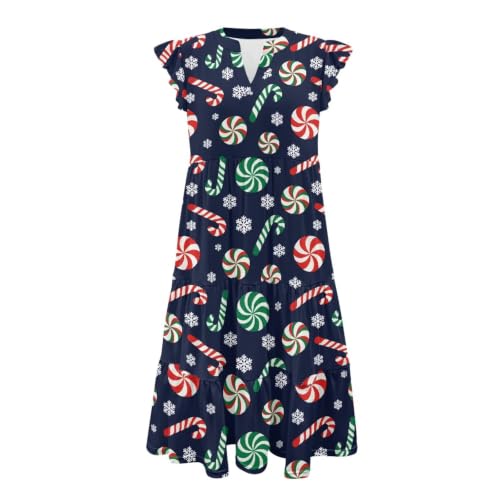 Image of Women's Casual Ruffle Sleeve Dress V Neck Pullover Dress Flowy A-Line Pleated Lightweight Dress with Pockets