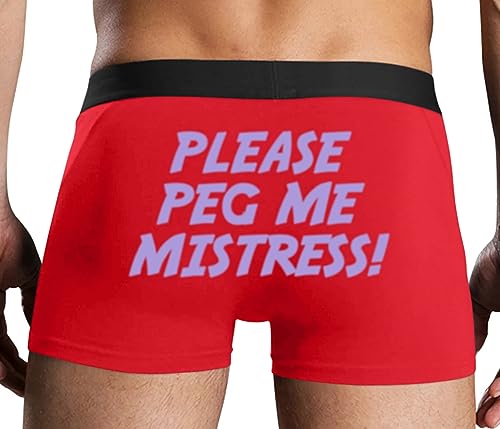Knaughty Knickers Please Peg Me Mistress Mens Boxer Briefs with Design Dominatrix No Fly Stretchy Sexy Red Colorful Trunks