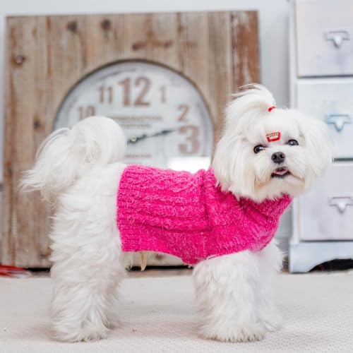 Image of Turtleneck Small Dog Sweaters - Classic Cable Knitwear Winter Coat for Small Medium Dogs Male Female Puppy Dog Cold Weather Clothes Girls Boys, Hot Pink, M