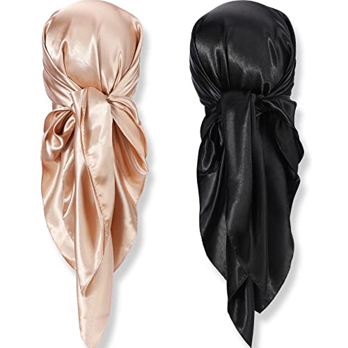 SATINIOR 35 Inch Silk Head Scarf 2 Pcs Large Square Neck Scarf Sleeping Hair Wrapping Satin Scarf for Women (Black, Camel, Solid Color Style)
