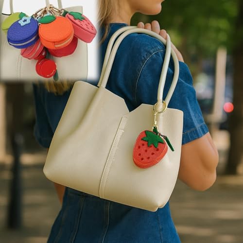 Fruit Mini Coin Purse Keychain,Cute Fruit Leather Bag Charm,Strawberry Keychain with Zipper Backpack,Mini Keychain Accessory for Women and Girls(Cherries)3