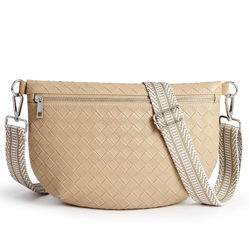 KALIDI Woven Crossbody Bags for Women Travel Vegan Leather Fanny Packs for Woman Cross Body Purse Fashion Belt Bum Bag with Wide Strap