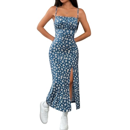Image of SamHeng Womens Daisy Print Slip Dress Sexy Spaghetti Strap Ruched Bust Bodycon Split Maxi Dress High Stretch Sleeveless Cami Backless Casual Floral Sundress for Dating Beach Vacation, Blue L