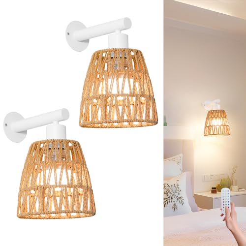 Image of Battery Operated Wall Sconce Set of 2, Boho USB Rechargeable Wall lamp, White Farmhouse Rattan Sconce Lighting with Remote, RGB 15 Colors Modes Rechargeable Wall Lights for Bedroom Livingroom Hallway