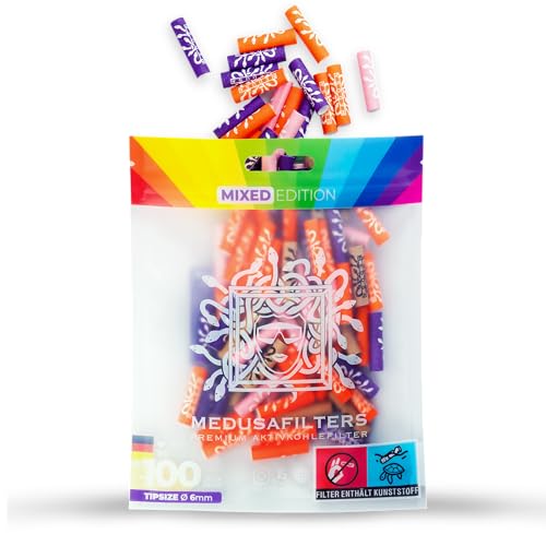 Medusafilters 100 filtres à charbon actif Ø 6 mm | Tip Size | MIXED Edition | avec des capuchons en fibres végétaliennes et du charbon actif pour moins de polluants