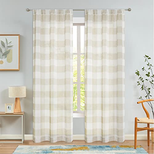 Amzdecor Tan Buffalo Plaid Curtains Linen Textured Sheer Panels Buffalo Check Plaid Rod Pocket Rustic Window Treatment Sets For Living Room Bedroom,2 Panels, 40''X84'', Tan/Beige #TOP12