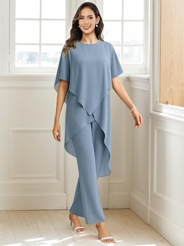 2 Pieces Mother of The Bride Pant Suits for Wedding Tiered Chiffon Short Sleeve Formal Pantsuits for Women Evening Party3