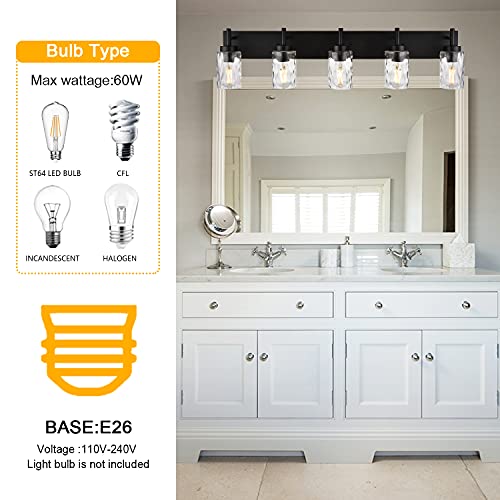 Bonlicht Modern Bathroom Lighting Over Mirror 5-Lights Rustic Bath Vanity Wall Mounted Light Fixtures Black Farmhouse Wall Sconce Lamp With Clear Hammered Glass Shade For Kitchen Living Room Hallway #TOP3