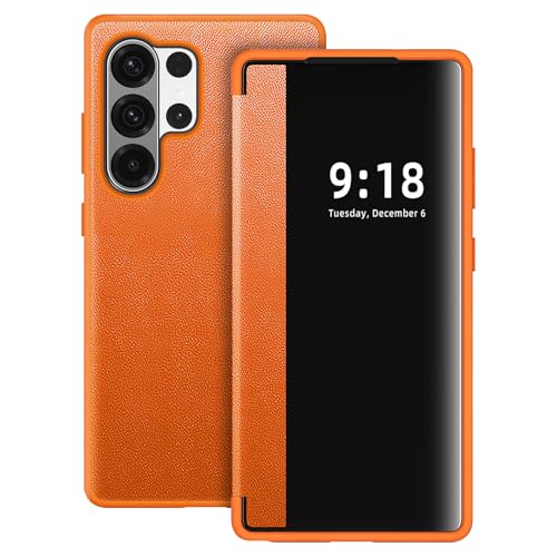 Flip Case for Samsung Galaxy S26 Ultra Case S View, Frosted Translucent Window Clear View Folio Protective Phone Case, 360 Degree Full Body Shockproof Flip Cover Case for Samsung S26 Ultra 5G (Orange)