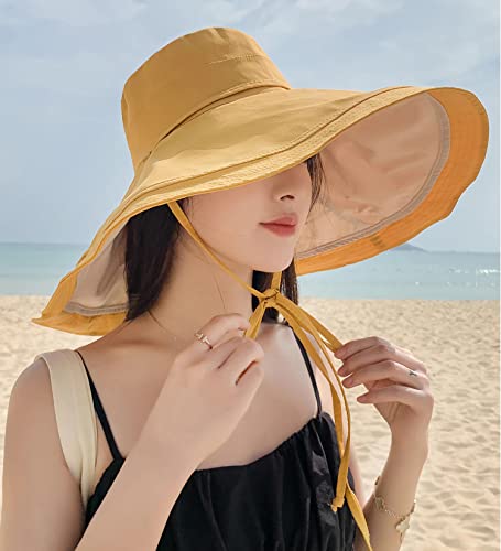 Image of HUAMULAN Women Sun Hat Summer Bucket Beach Boonie Cotton Cap Wide Brim UPF 50