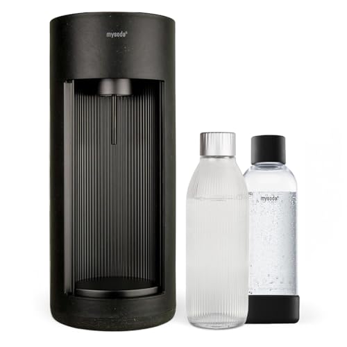 Mysoda: Stilvoller Glassy Wassersprudler aus Holzkomposit und Aluminium (ohne CO2-Zylinder) mit 1-Liter-Glasflasche & BPA-freier 1-Liter-Plastikflasche - Schwarz