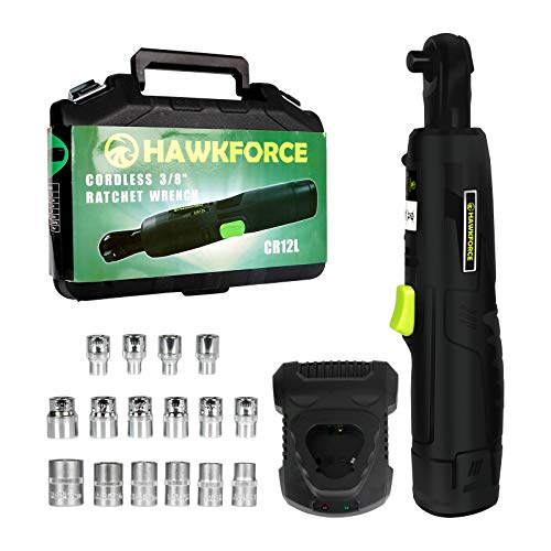 HAWKFORCE Electric Ratchet Wrench, Cordless 3/8' Air Ratchet Tool Set Variable Speed Trigger with 12V Lithium-Ion Battery, Charger Kit and 16 PCS Wrench Sockets