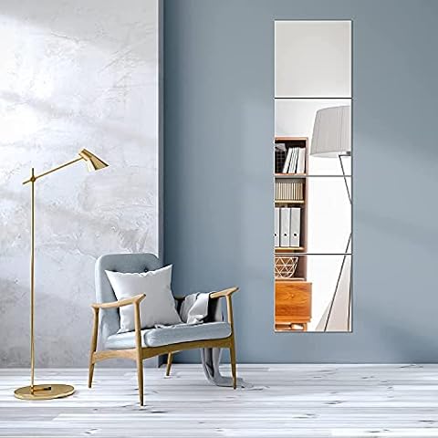 Full Length Mirror Tiles, 4 Pcs Square Mirror Tiles Self Adhesive Acrylic Mirror Tiles Frameless Wall Mirror Set for Home Living Room Bedroom Decor (30cm x 30cm) Cover