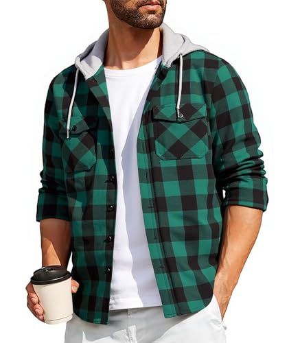 SwissWell Chemise Homme à Carreaux Flanelle Chemise Bûcheron Homme Surchemise Manches Longues Capuche Bouton Chemise Décontractée Vert L