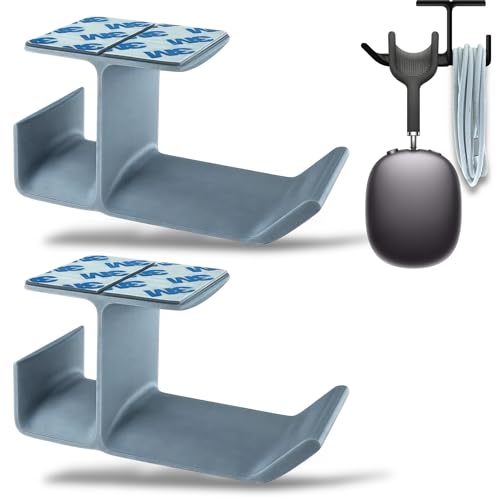 Image of SRS Under Desk Headphone Stand with Cable Organizer Storage Options | Headphone & Cable Hook Holder Hanger | Stick-ON Adhesive with Surface Cleaning Wipes (Silver, Pack of 2)
