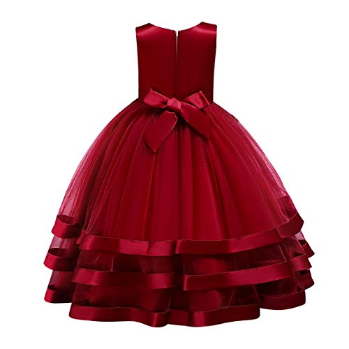 Flower Girl Lace Bridesmaid Dress Ruffle Rhinestone Embroidery Tulle Wedding Party Dress Boho Pageant Birthday First Communion Bowknot Formal Princess Prom Dance Evening Ball Gown Burgundy 15-16 Years #TOP2