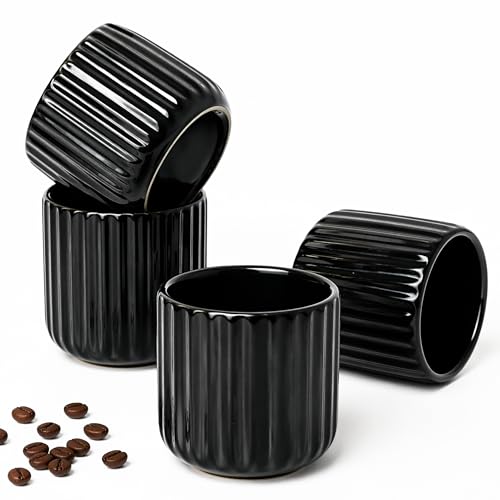 Erkundpresso. Zestaw 4 filiżanek do espresso, 180 ml, grubościenna ceramika, bez uchwytu, czarna, ręcznie wykonana, zmiana wyglądu piekarnika, nadaje się do kawy, cappuccino, herbaty