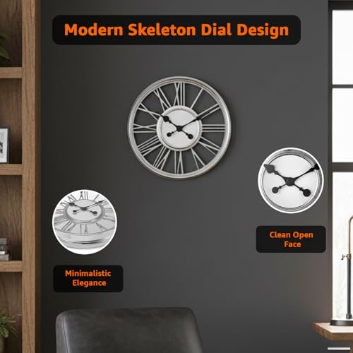 Image of Amazon Basics Large Plastic Wall Clock with Chrome Finish, Skeleton Dial Design, Lightweight & Durable, 44 cm Diameter x 5.7 cm Width, Ideal for Living Room - Silver