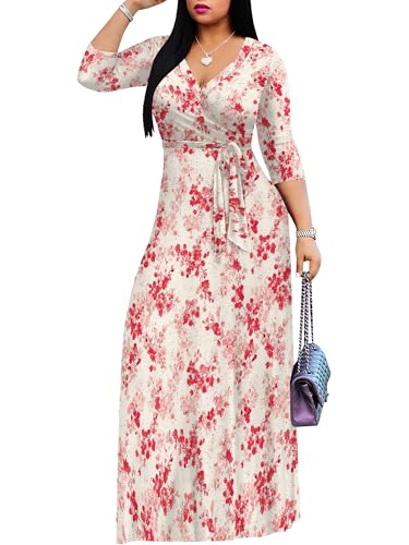 Image of Women's V Neck Floral Maxi Dress 3 /4 Sleeve Plus Size Boho Wrap Flowy Long Dresses with Belt