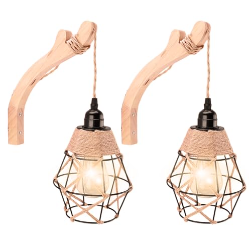 Image of Hanging Lights with Plug in Cord Set of Two, Farmhouse Hanging Lamps Hand Woven Rattan Wall Sconce with Wood Arm Hemp Rope Cord, Boho Wall Sconce for Bedroom Living Room (Plug-in Rocker arm)
